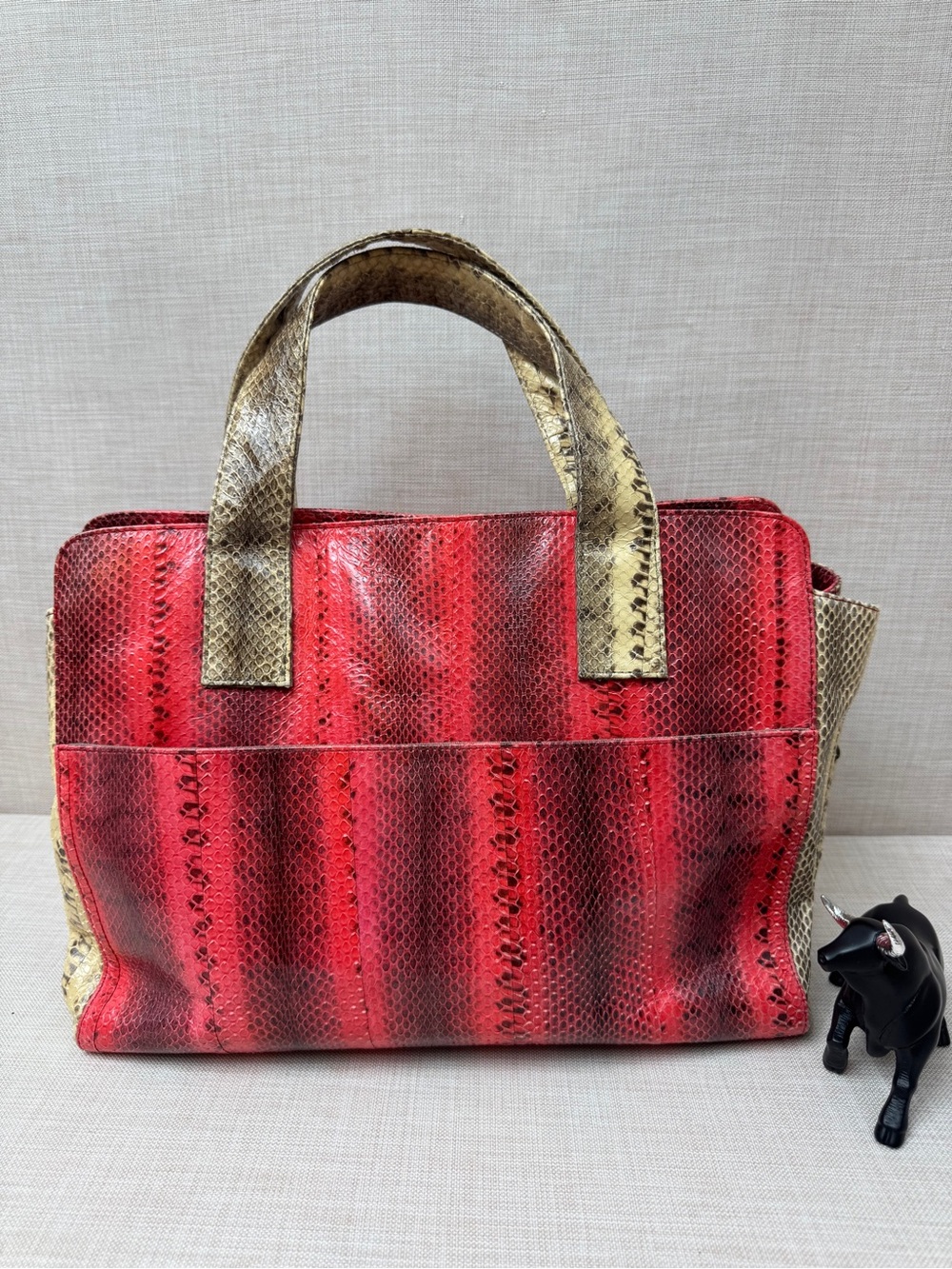 Beirn Red Snake-Texture Tote with Gold Trim